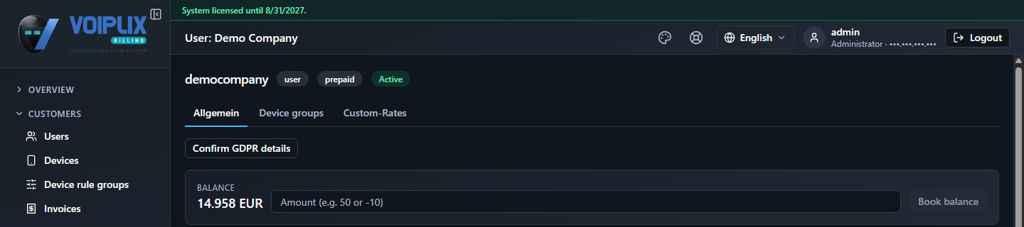 User detail page for "Demo Company", with user/prepaid/Active badges and a Balance card showing 14.958 EUR with a "Book balance" amount field.