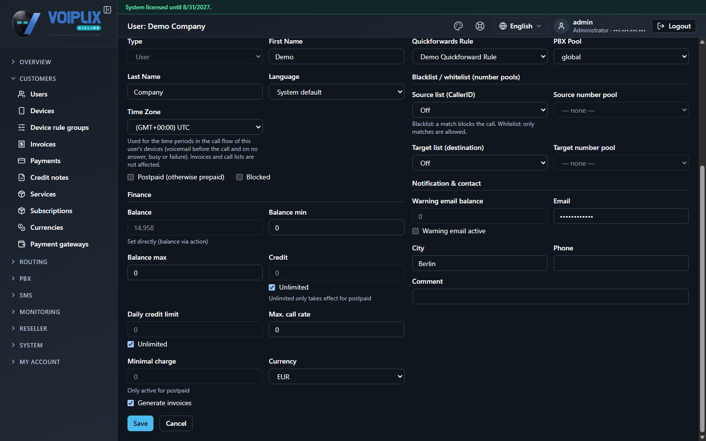 User form with Postpaid (otherwise prepaid) and Blocked checkboxes, and a Finance section with Balance, Balance min, Balance max, Credit (Unlimited), Daily credit limit (Unlimited), Max. call rate, Minimal charge and Currency fields.