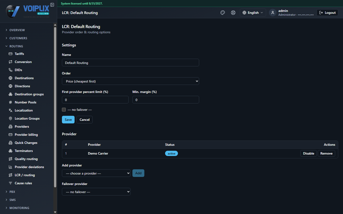 LCR detail page with Order set to "Price (cheapest first)", a "— no failover —" checkbox unchecked, a Provider table listing one active provider at position #1, and a Failover provider dropdown set to "— no failover —".