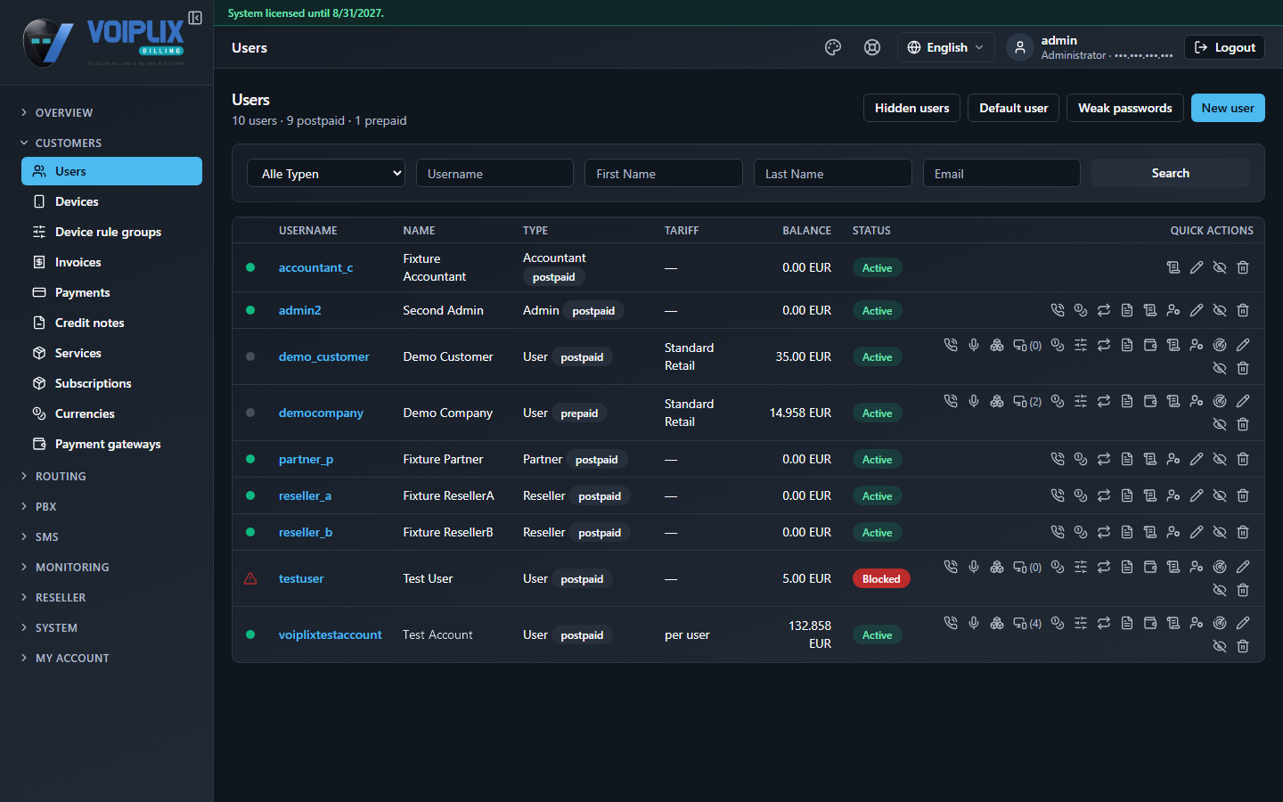Users list showing accounts of every type: Accountant, Admin, User, Partner and Reseller, each with a postpaid or prepaid badge.