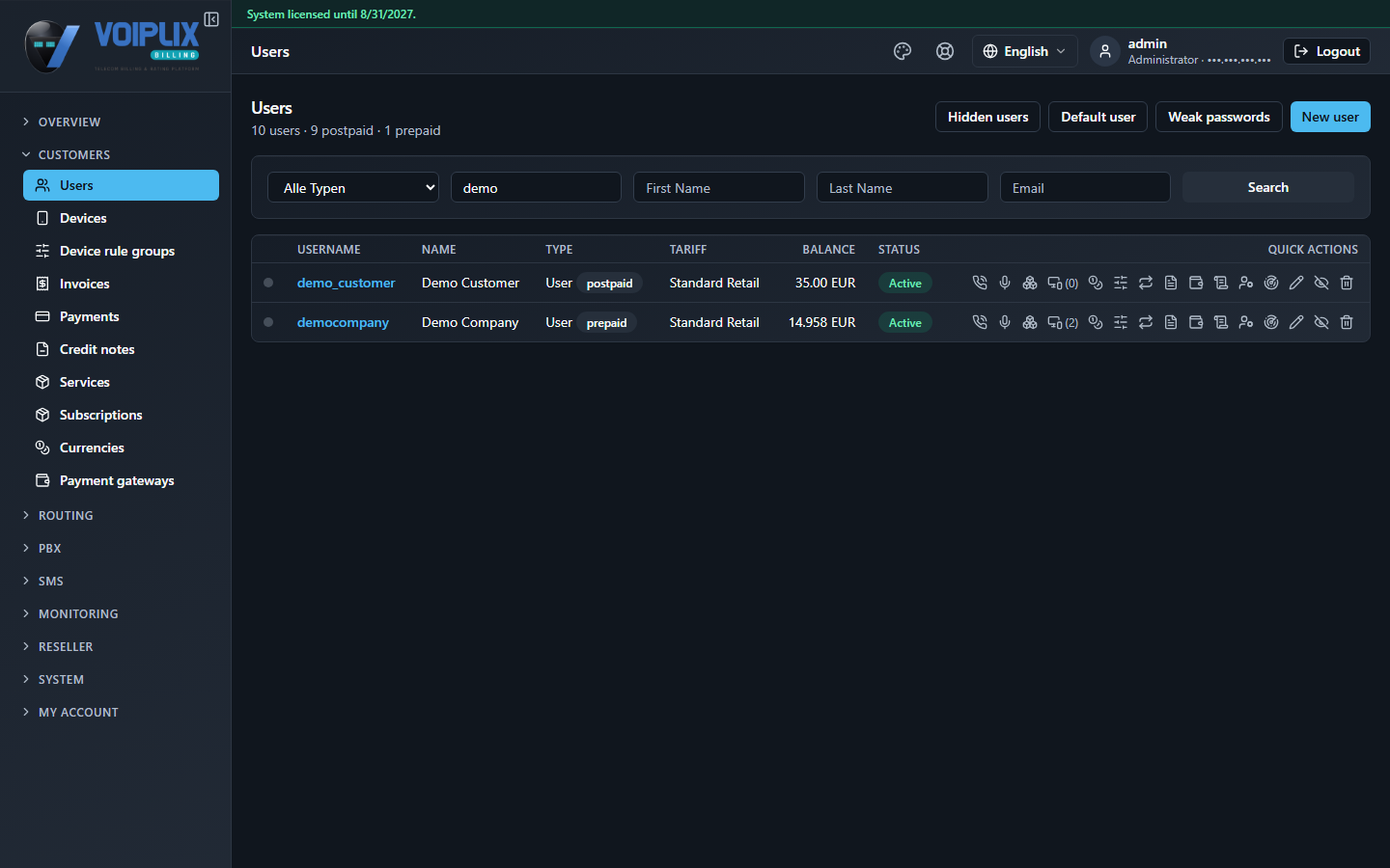 Users list filtered by the text \