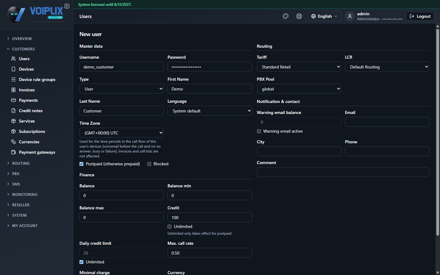 New user form with the Type field set to User, among the other master-data fields.