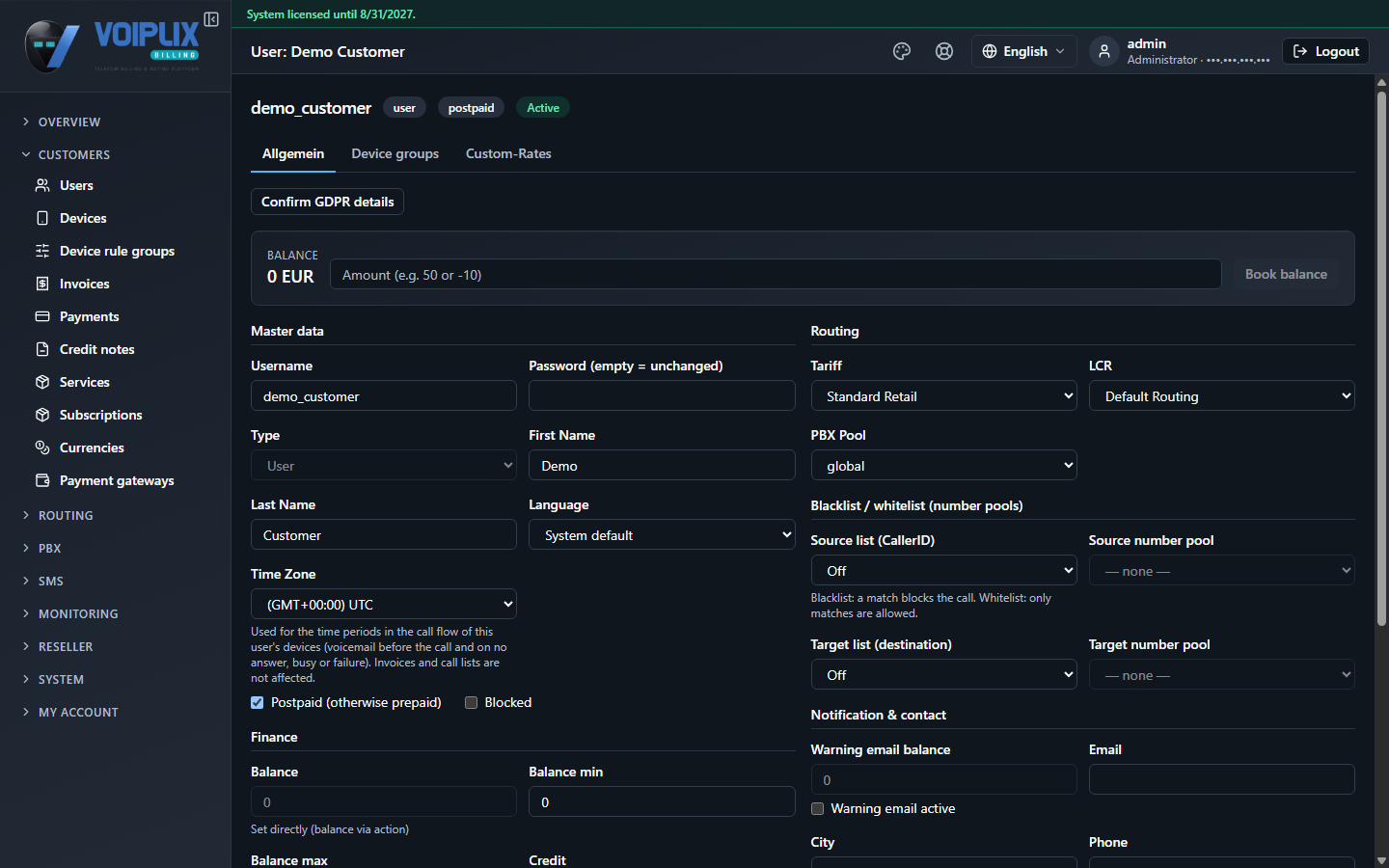 User detail page for a newly created account, showing type and status badges, a tab bar, the balance card and the pre-filled form below.