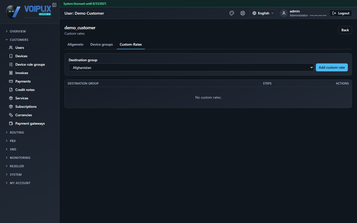 Custom-Rates tab for a user, with a destination group picker and an empty table of custom rates.