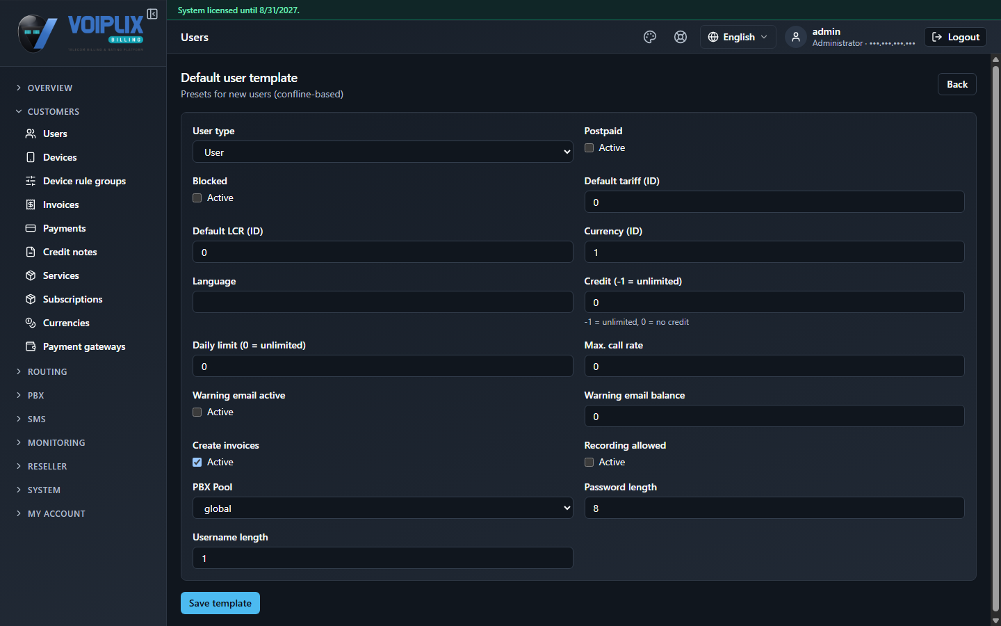 Default user template form with fields for user type, blocked, default tariff and LCR IDs, currency, credit, daily limit, max call rate, warning e-mail, create invoices, recording allowed, PBX pool, password length and username length.