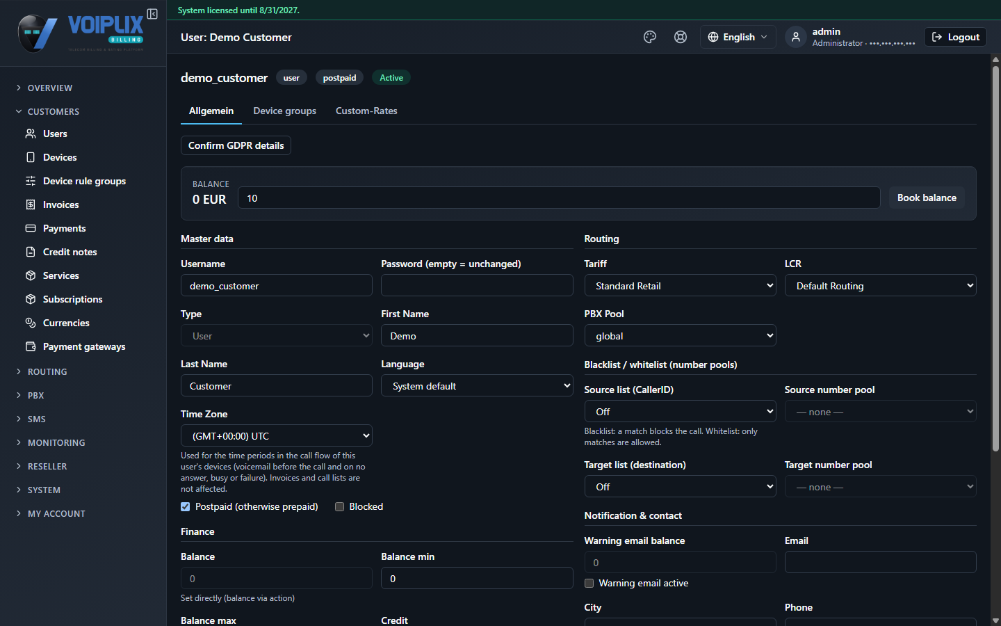 Balance card on a user's detail page, showing the current balance and an amount field with \