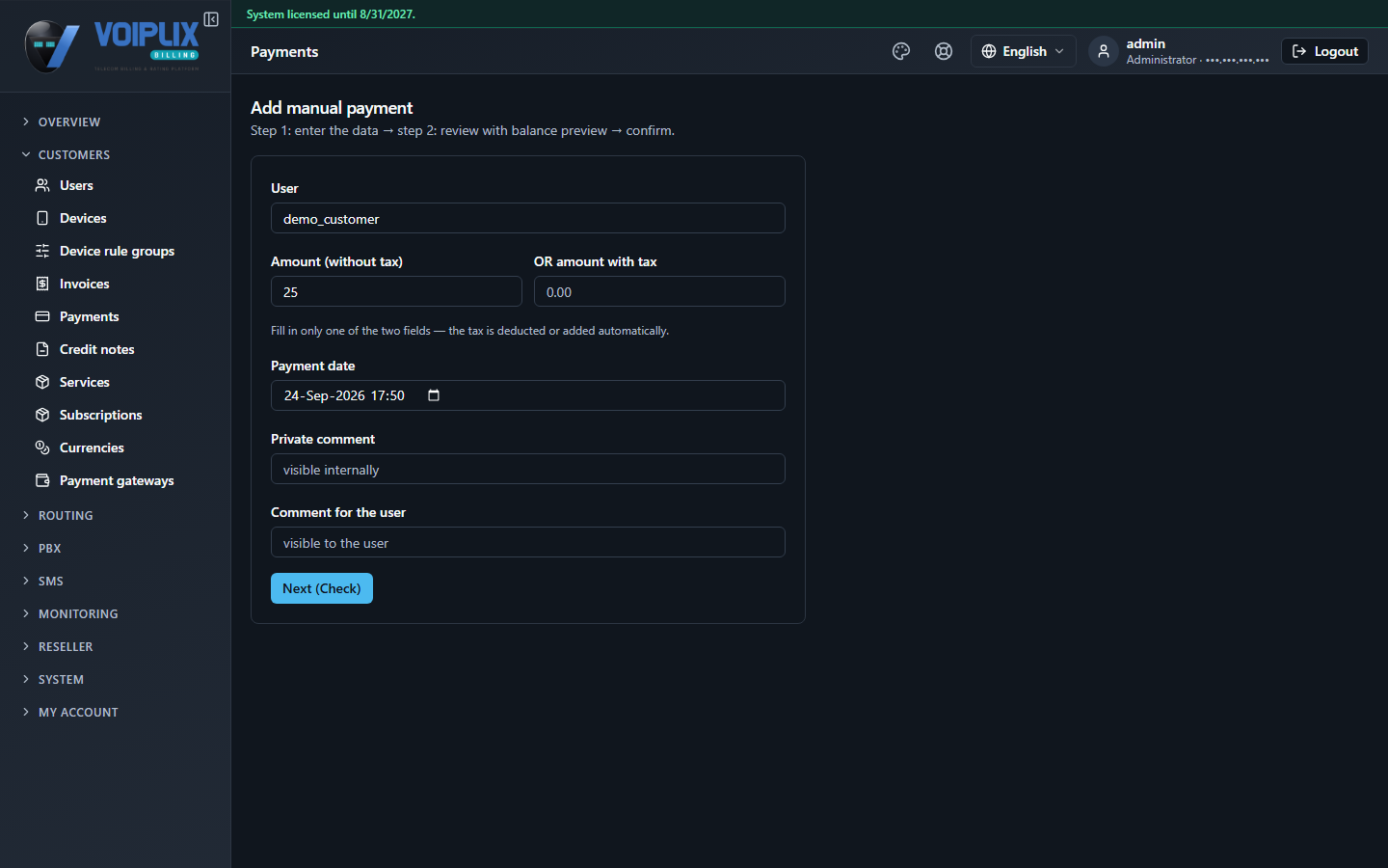 Add manual payment form, step 1: user field pre-filled, amount without tax field with 25, amount with tax field, payment date, private comment and comment for the user fields, and a Next (Check) button.