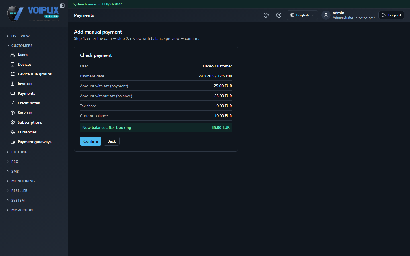 Check payment review screen, showing the user, payment date, amount with and without tax, tax share, current balance and the new balance after booking, with Confirm and Back buttons.