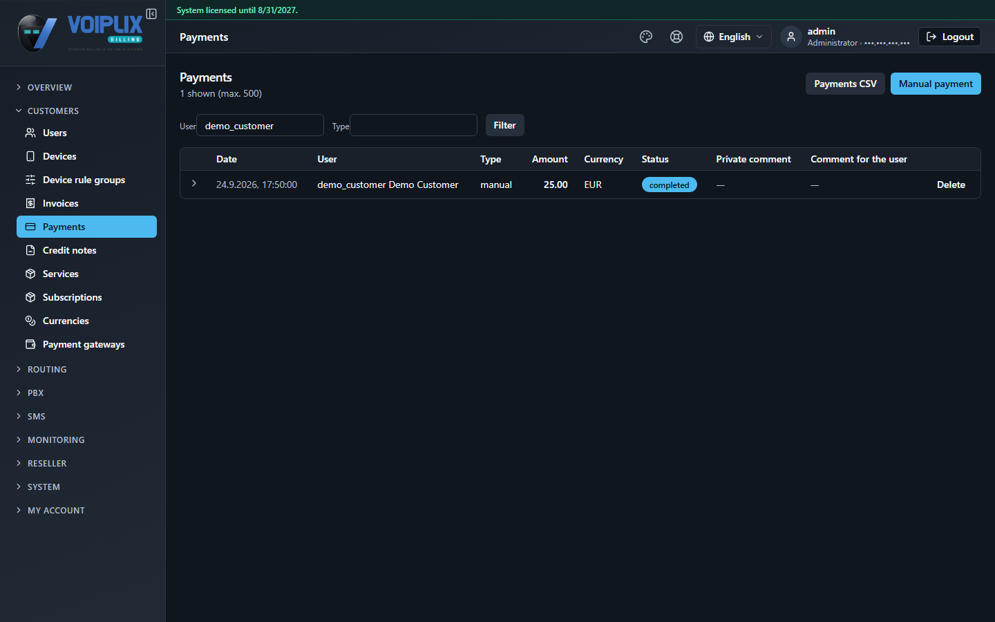 Payments list filtered by username, showing one completed manual payment with date, user, type, amount, currency and status.