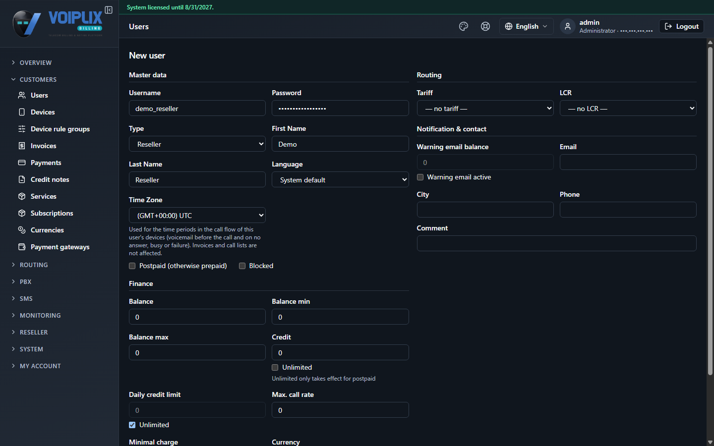 New user form with Type set to Reseller, username, password, first and last name filled in, tariff and LCR left at no tariff / no LCR.