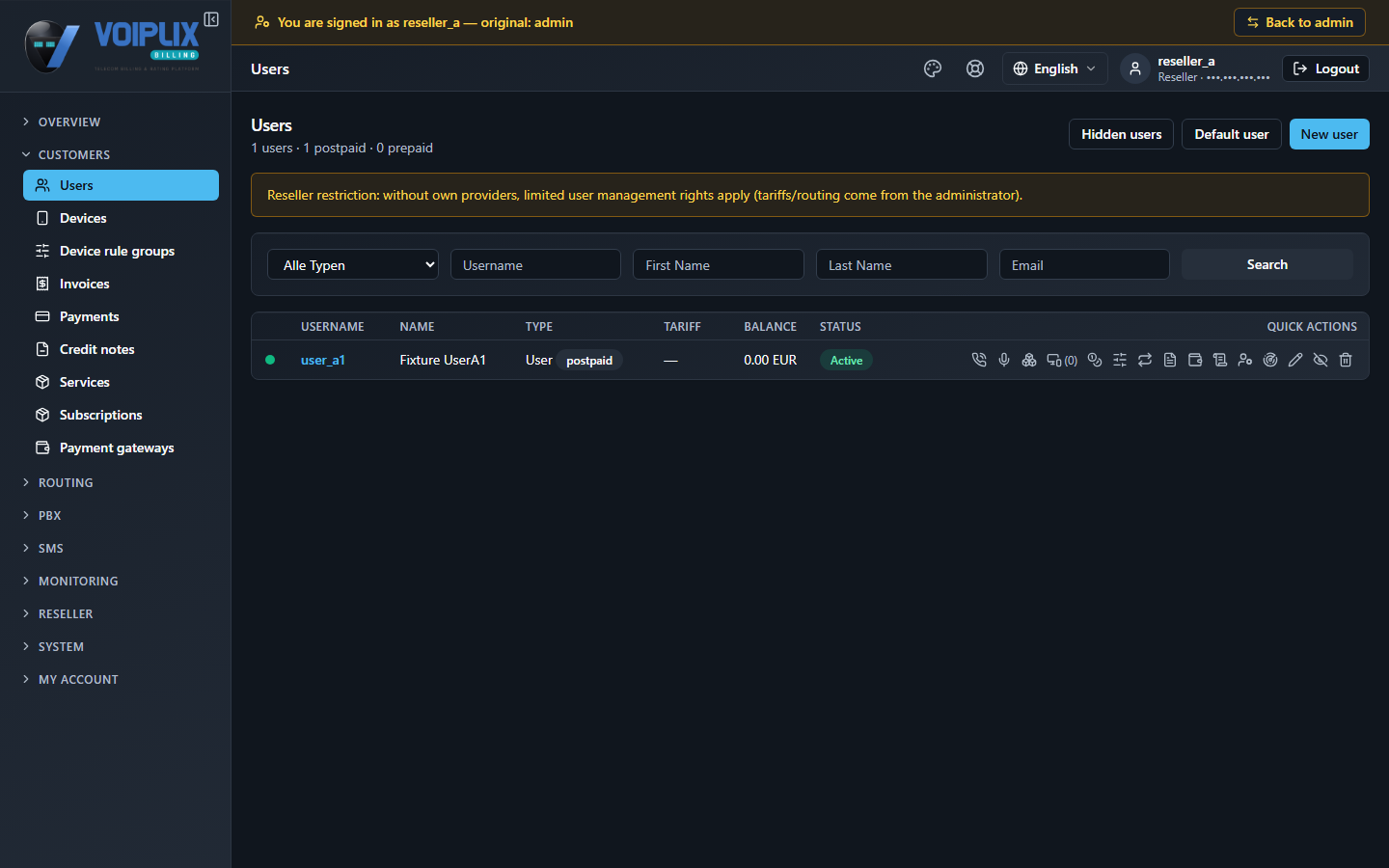 Users list while signed in as a reseller (via Login as, shown in a banner at the top), listing one sub-customer, with the Reseller restriction note banner above the table.
