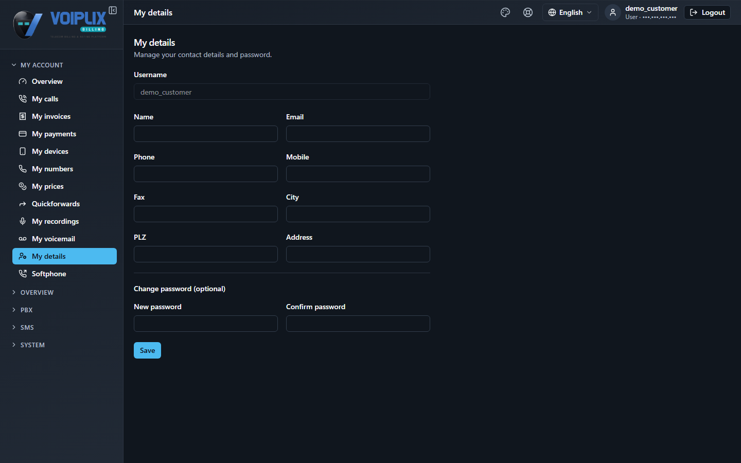 My details page in the customer portal: username shown read-only, editable name, e-mail, phone, mobile, fax, city, postcode and address fields, and an optional change-password section with a Save button.