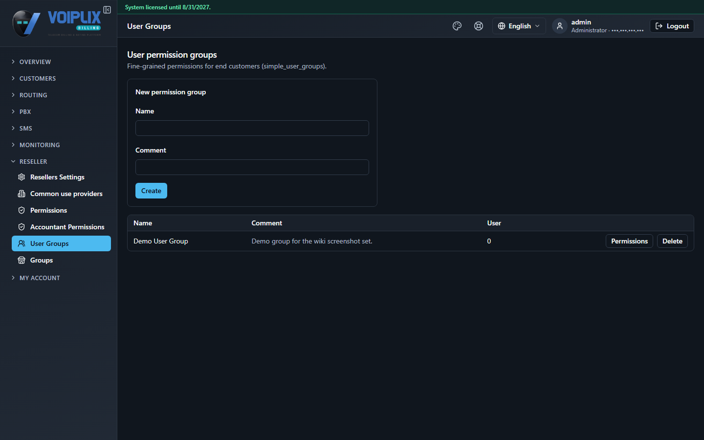 User Groups list with one row: Demo User Group, comment 'Demo group for the wiki screenshot set.', User count 0, with Permissions and Delete buttons.