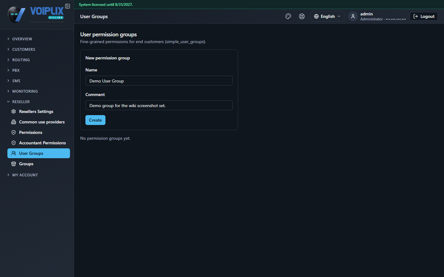 New permission group form: Name Demo User Group, Comment 'Demo group for the wiki screenshot set.', and a Create button; below it, 'No permission groups yet.'