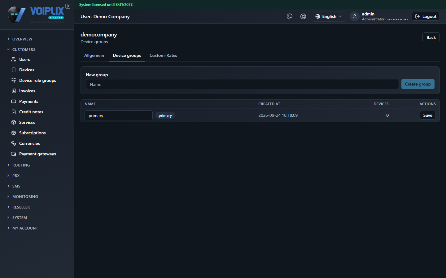 Device groups tab for user democompany: a New group form (Name field, Create group button) and a table with one row, name 'primary', a 'primary' badge, created-at timestamp, 0 devices, and a Save button.