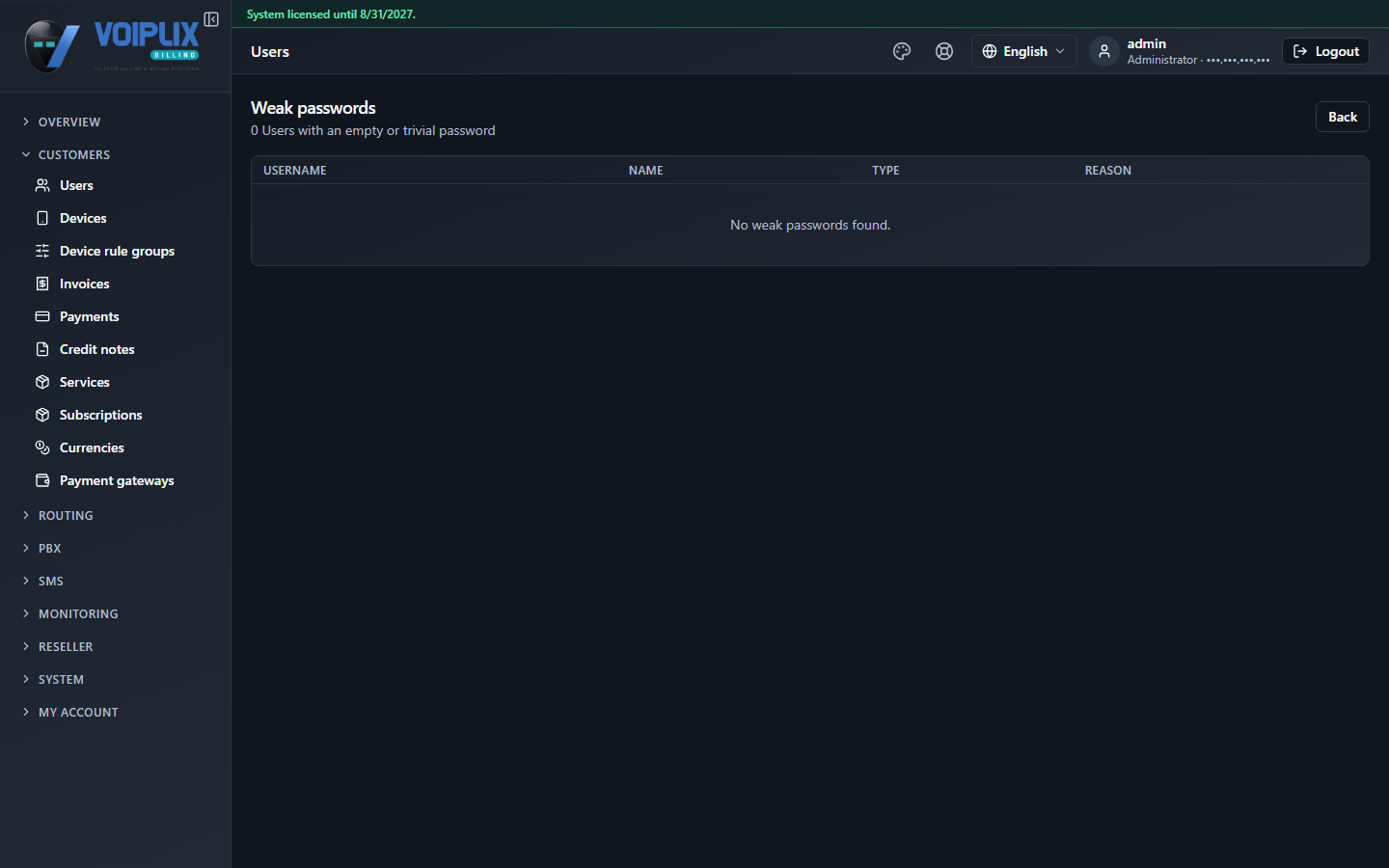 Weak passwords page: '0 Users with an empty or trivial password', a table with Username, Name, Type, Reason columns and 'No weak passwords found.'