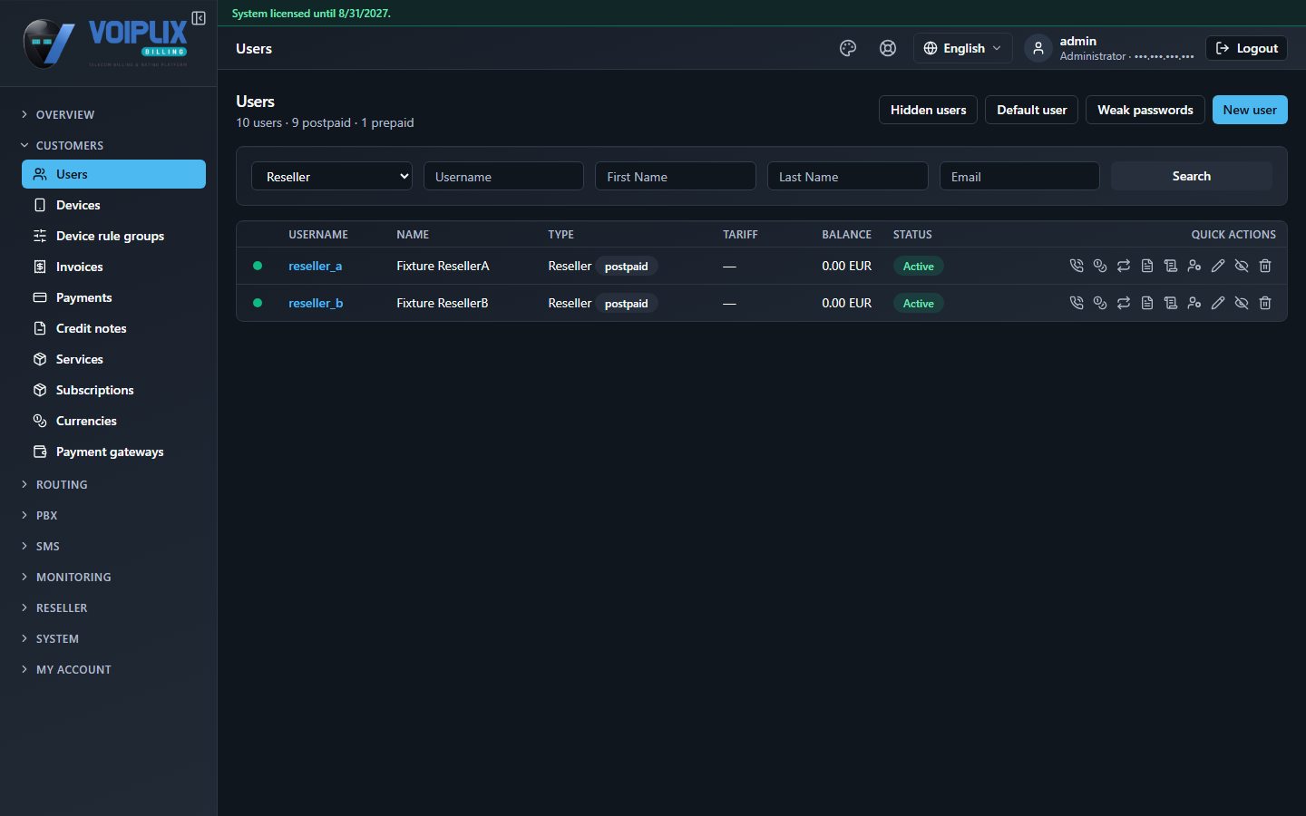 Users list with the Type filter set to Reseller, showing two matching accounts: reseller_a Fixture ResellerA and reseller_b Fixture ResellerB, both postpaid and Active.