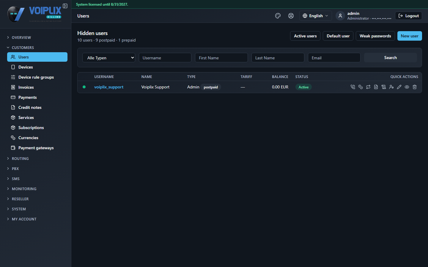 Hidden users view: one row, voiplix_support, type Admin postpaid, Active, with an Active users button top right in place of Hidden users.